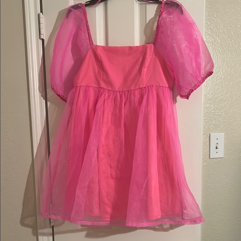 Pink Babydoll Mini Dress with Puff Sleeves - Picture 1 of 4